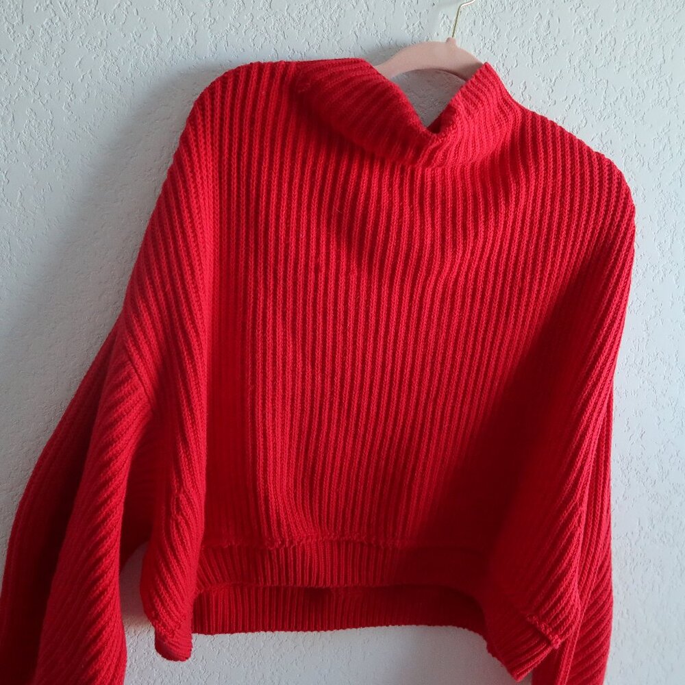 Free People Red Oversized Ribbed Knit Sweater - Size Small Cowl Neck Chunky